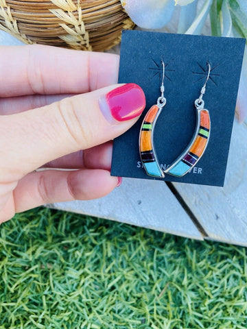 Navajo Multi Stone And Sterling Silver Inlay Dangle Earrings