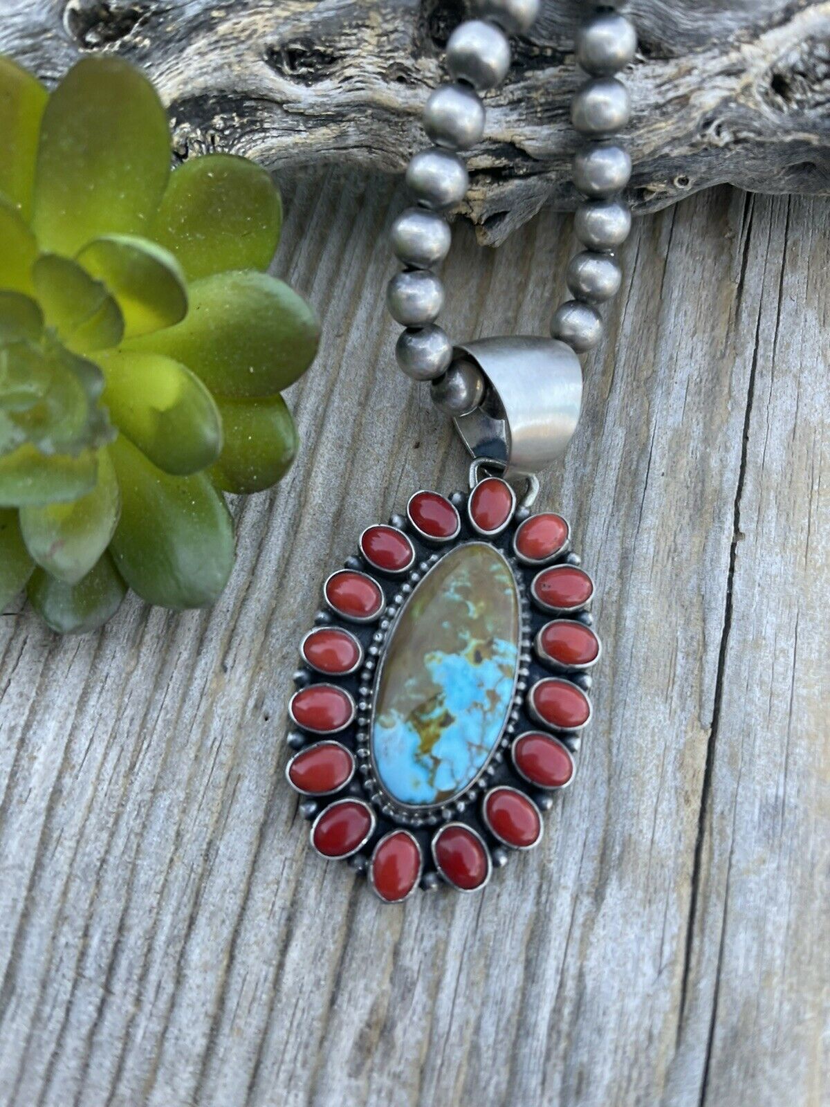 Navajo Sterling Silver Kingman Web Turquoise & Red Coral Taos Cluster Pendant