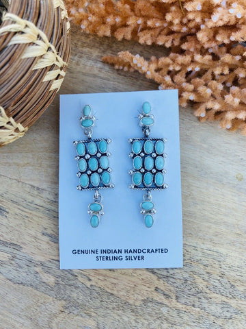 Navajo Turquoise & Sterling Silver Cluster Dangle Earrings Signed