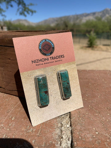 Navajo Sterling & Turquoise Rectangle Post Earrings Signed J. Frank