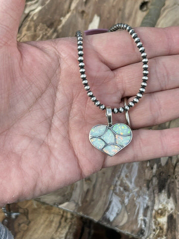 Zuni Iridescent White Opal & Sterling Silver Heart Pendant