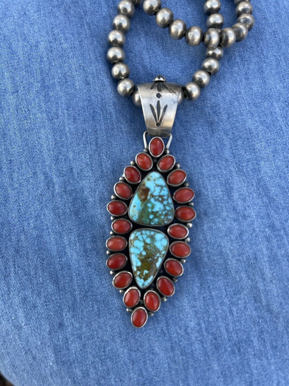 Navajo Sterling 2 Stone Kingman Web Turquoise & Red Coral Taos Pendant