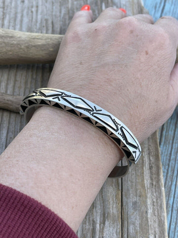 Leander Tahe Hand Stamped Sterling Navajo Bracelet Signed