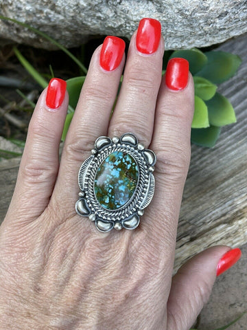 Navajo Sonoran Mountain Turquoise & Sterling Silver Statement Ring Sizes 7.5