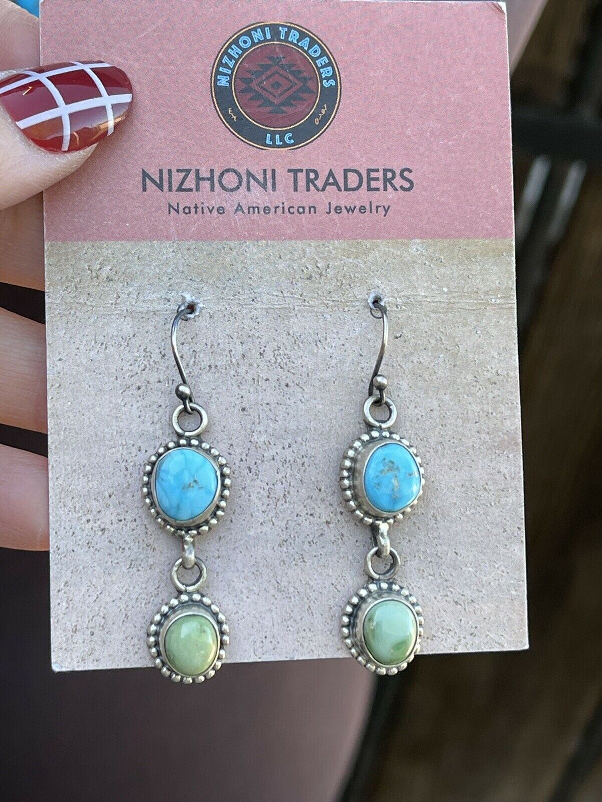 Navajo Sonoran Gold Turquoise & Golden Hills Turquoise Silver Lariat Earring Set