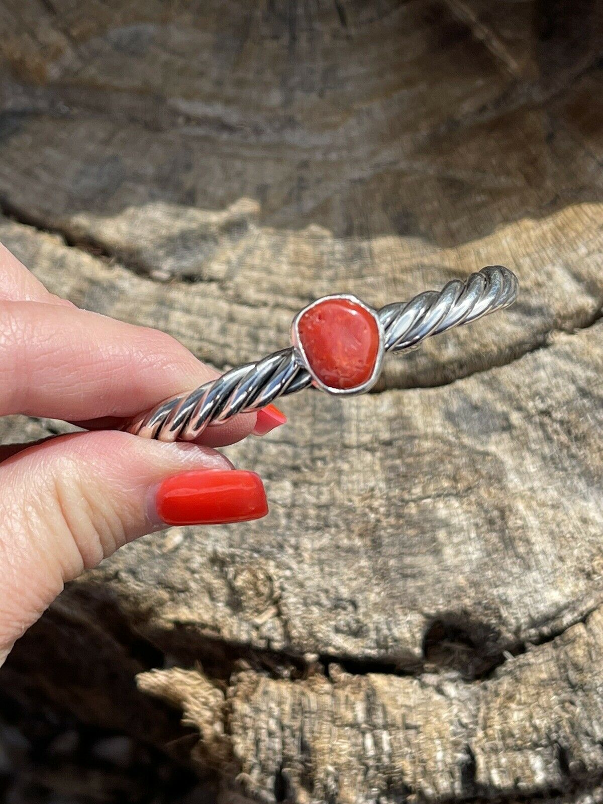 Sterling Silver Rope Twist Natural Red Coral Cuff Bracelet