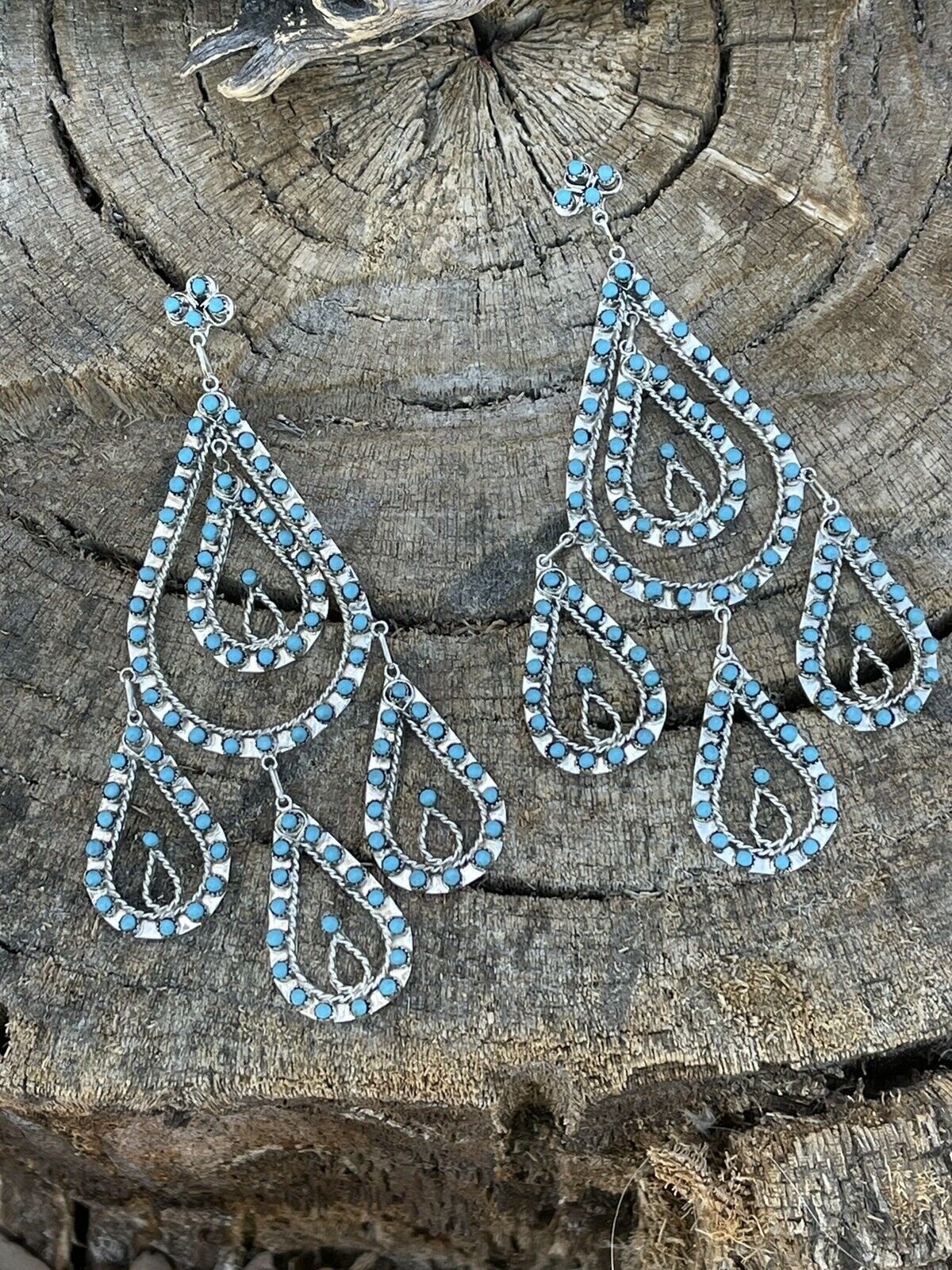 Zuni Sterling Silver & Snake Eye Chandelier Turquoise Dangle Earrings