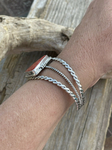 Navajo Orange Spiny Sterling Silver  Cuff Bracelet Stamped W. Begay