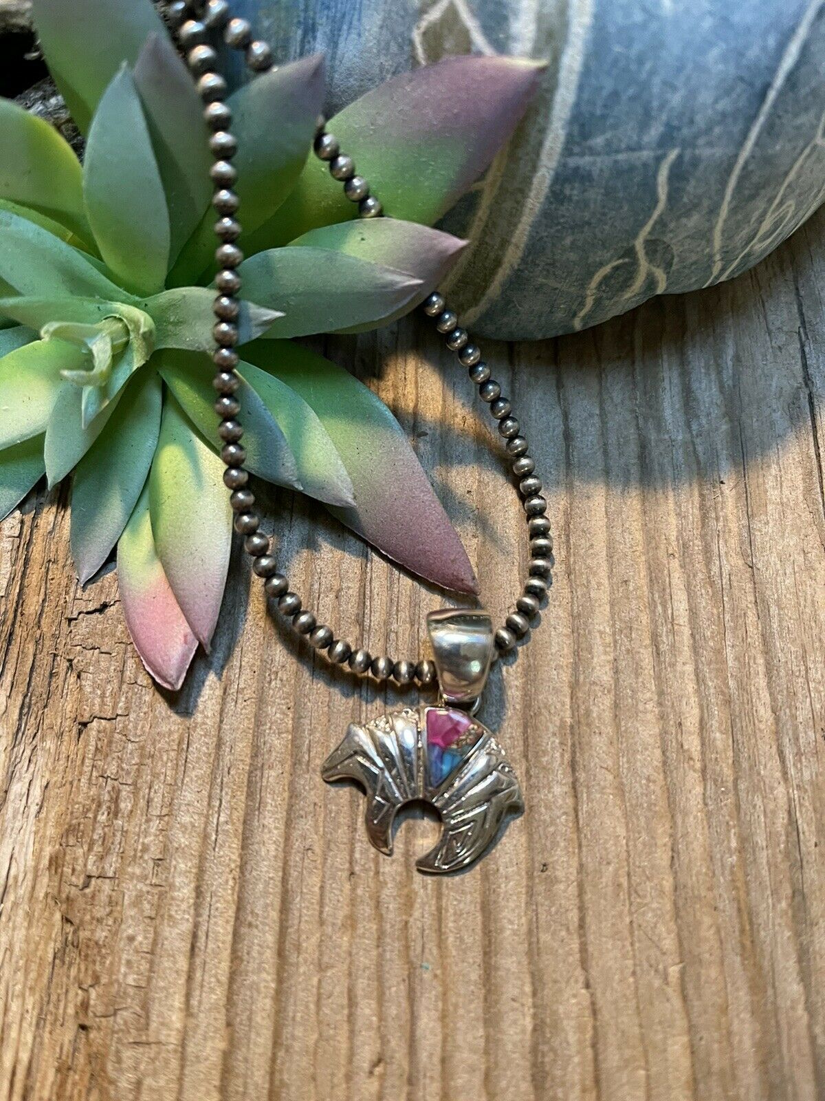 Navajo Pink Dream Mojave & Sterling Silver Bear Pendant