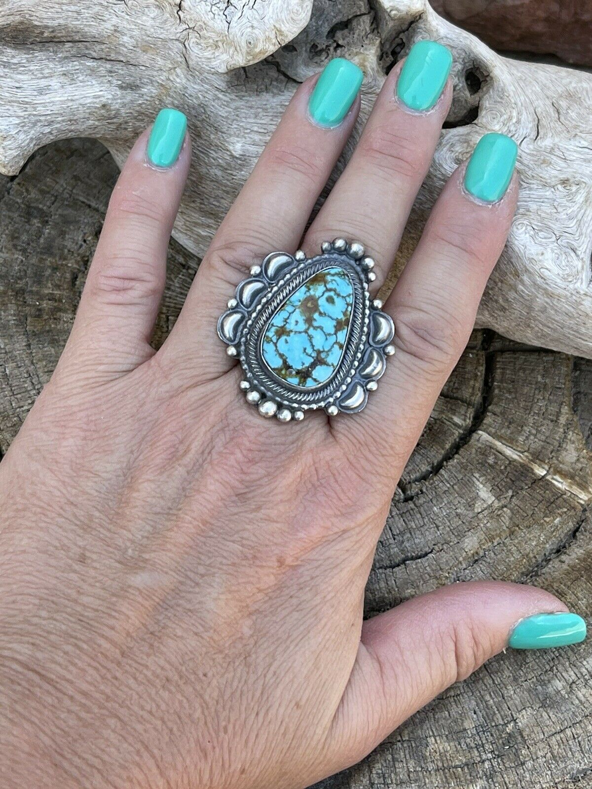 Navajo Sonoran Mountain Turquoise & Sterling Silver Statement Ring Size 7