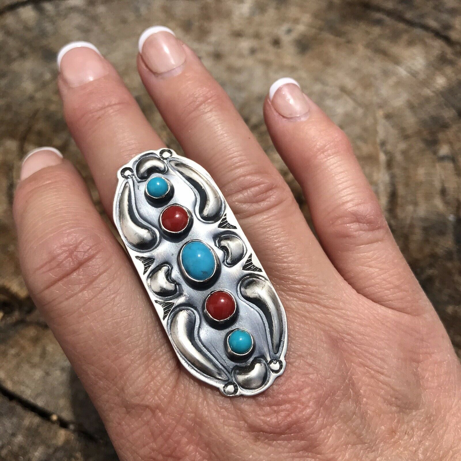 Navajo Sterling Silver Turquoise Coral 5 Stone Ring