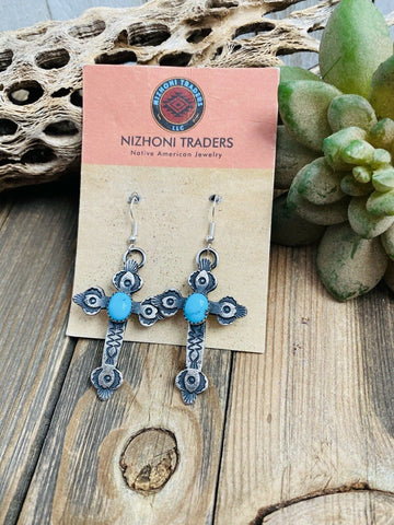 Navajo Turquoise & Sterling Silver Cross Dangle Earrings By Kevin Billah