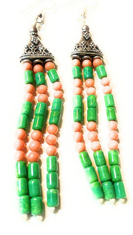 Navajo Sterling Dyed Green Kingman Turquoise and Pink Coral Bead Earrings