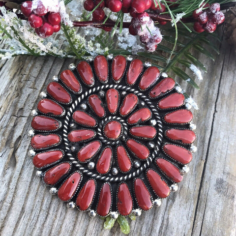 Navajo Jumbo Sterling Silver  Natural Red Coral Cluster Pendant/pin Signed