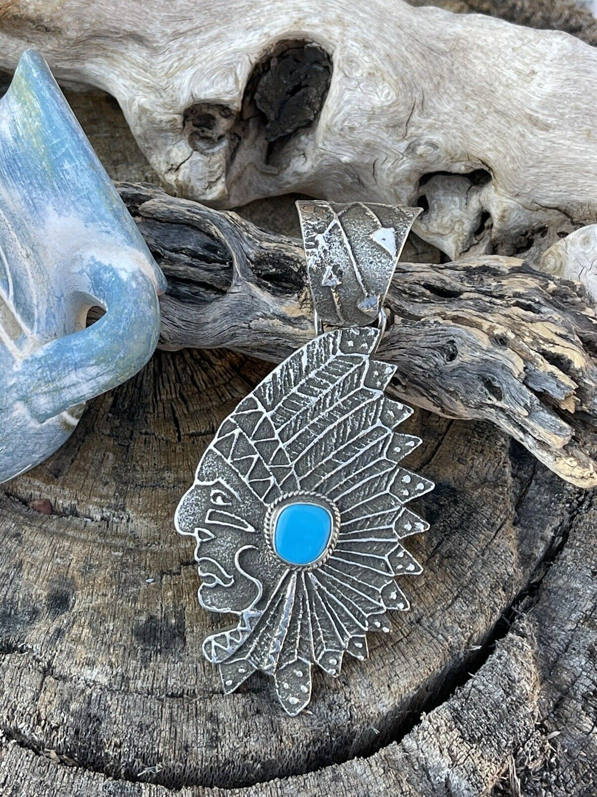 Navajo Sterling Silver & Kingman Turquoise Indian Chief Sand Cast Pendant Sign