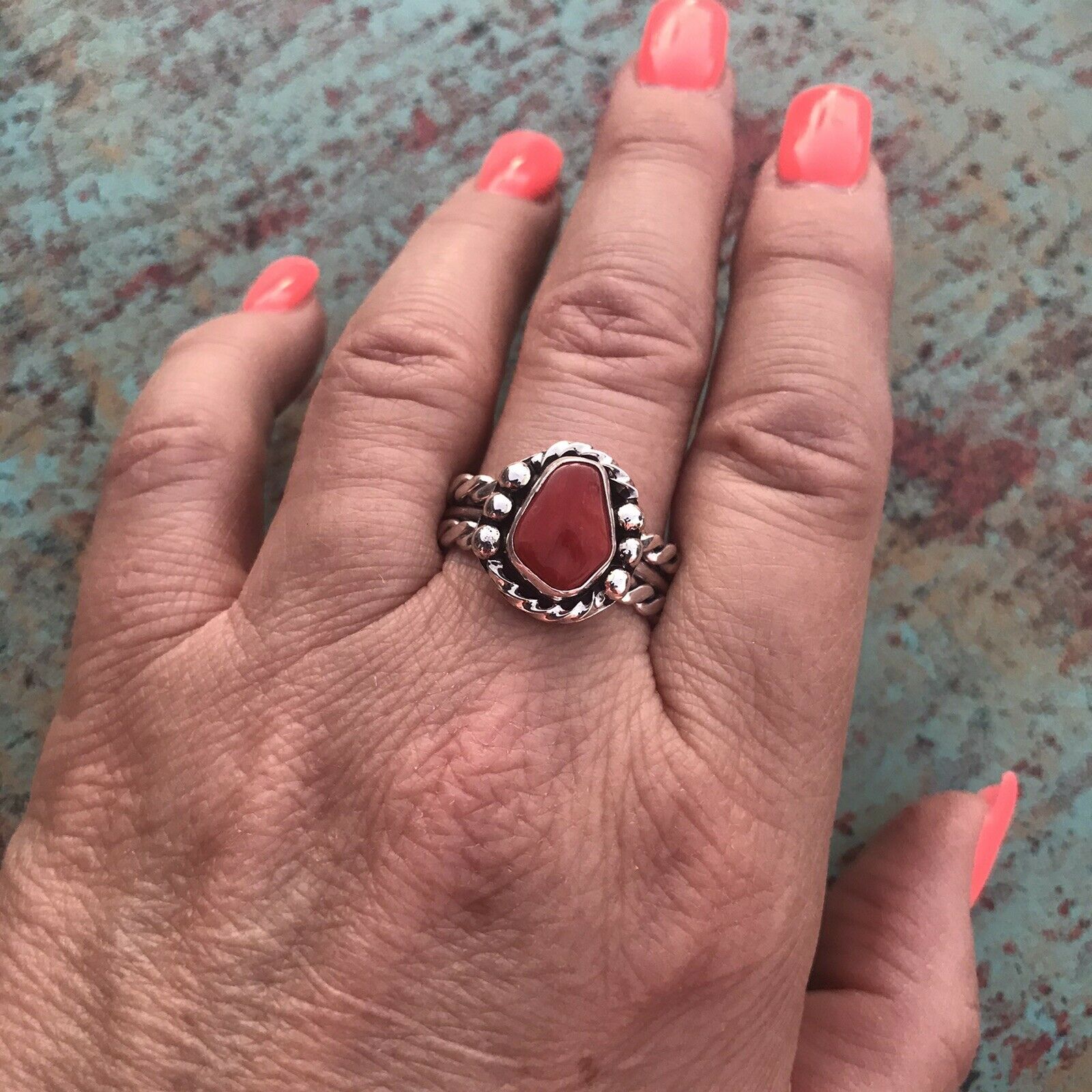 Navajo Sterling Silver Natural Red Coral Ring