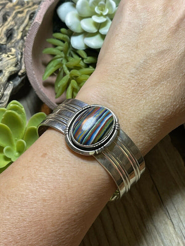 Unique Navajo Sterling Silver & Rainbow Stone Signed Cuff Bracelet