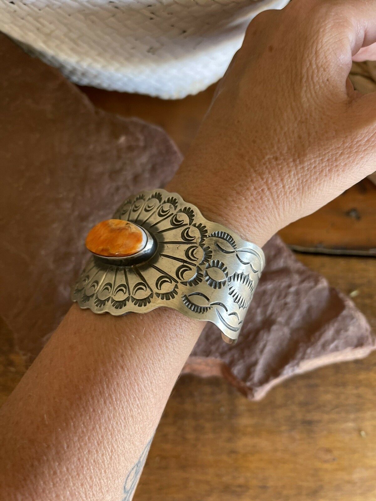 Navajo Orange Spiny & Sterling Silver Concho Cuff Bracelet Chimney Butte Signed