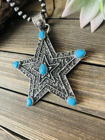 Navajo Turquoise & Sterling Silver Tufa Cast Star Pendant