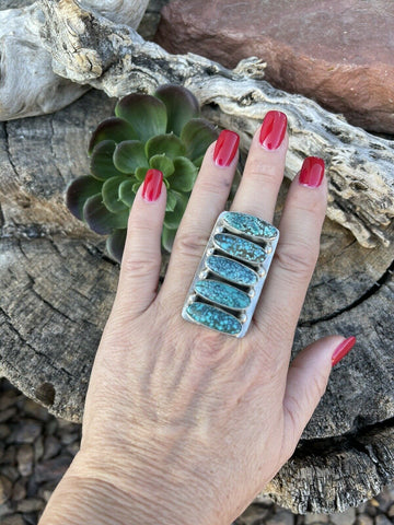 Navajo Blue Oval Turquoise & Sterling Silver Ring Sz 8 Signed