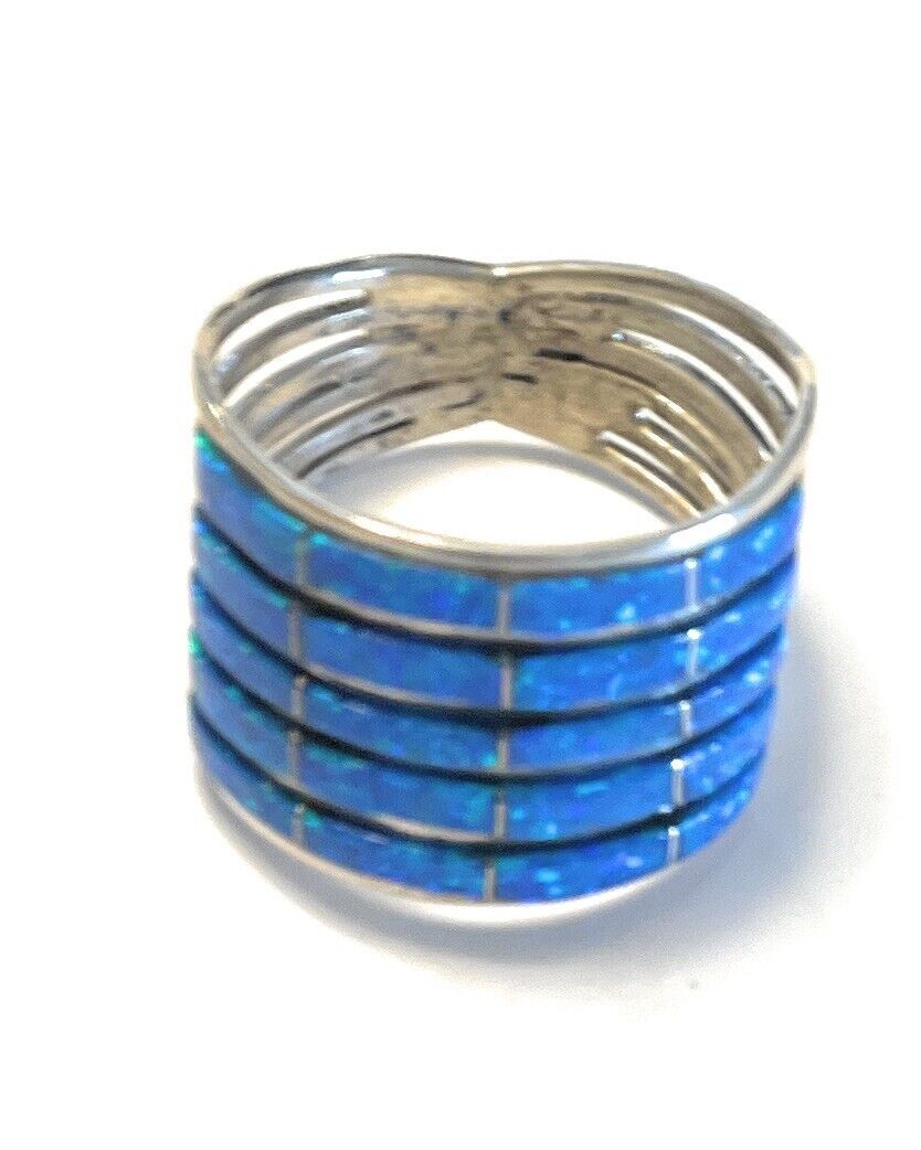 Zuni Sterling Silver Blue Opal 5 Row Inlay Ring