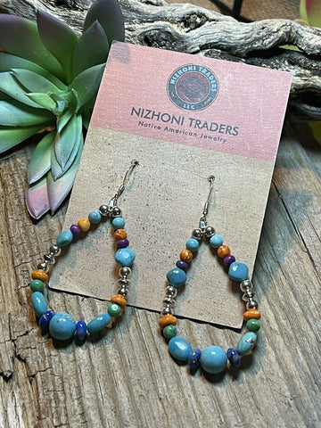 Navajo Sterling Silver Turquoise Multi Stone Beaded Hoop Dangle Earrings