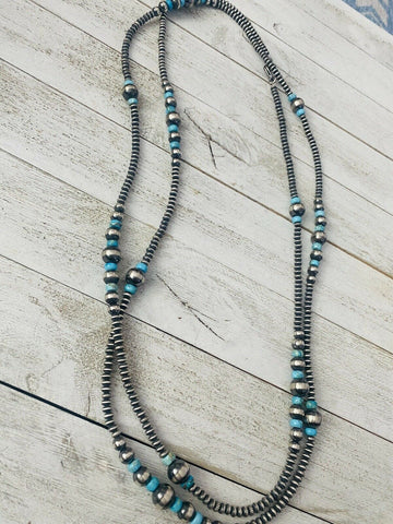 Navajo Turquoise & Sterling Silver Pearl Beaded 60 Inch Necklace