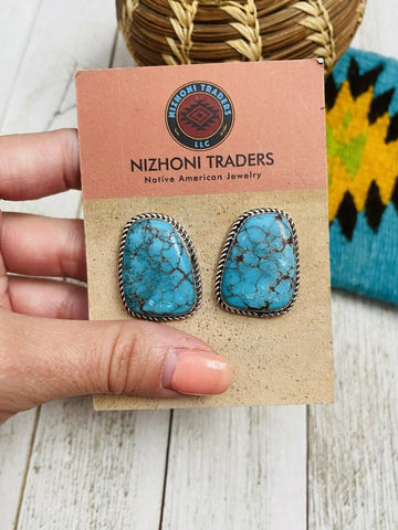 Navajo Kingman Turquoise & Sterling Silver Stud Earrings Signed