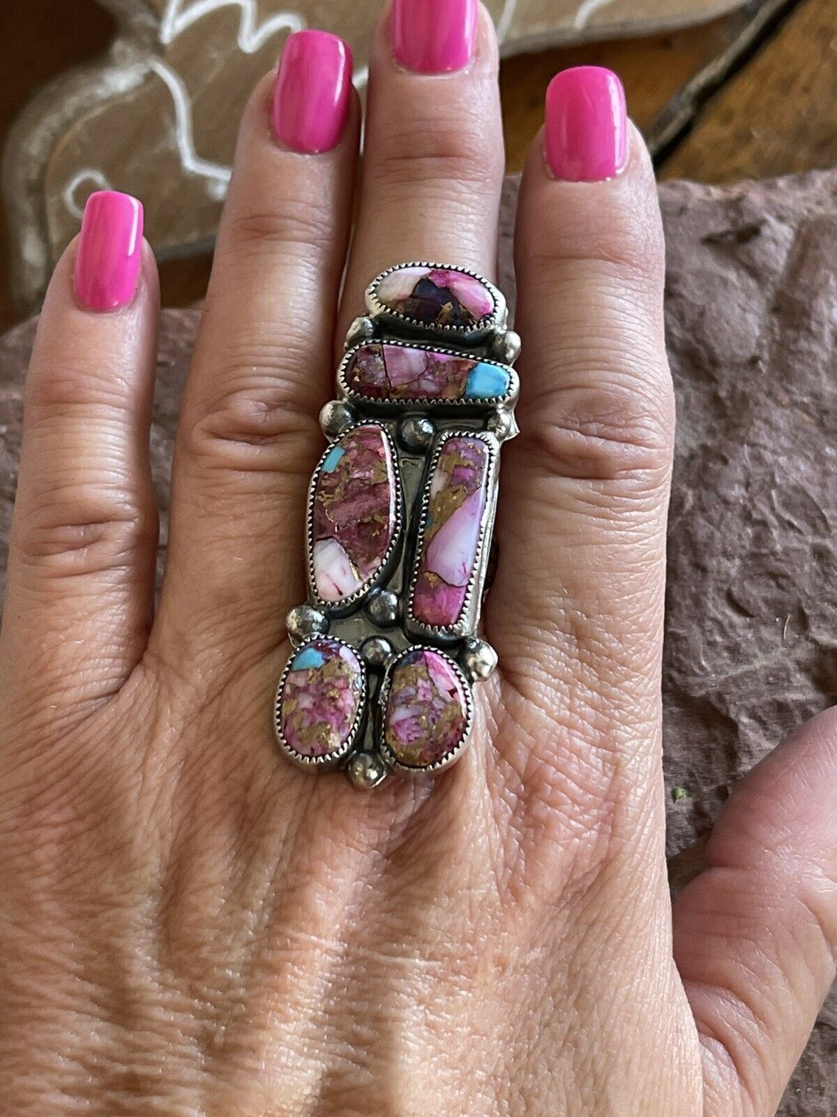 Navajo 6 stone Pink Dream Mojave & Sterling Silver Ring Size 8