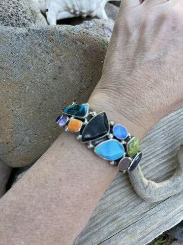 Navajo Multi Stone & Gem Sterling Silver Cuff Bracelet Signed