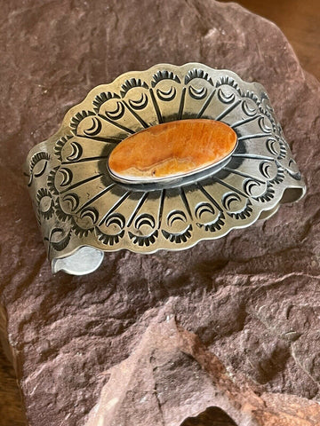 Navajo Orange Spiny & Sterling Silver Concho Cuff Bracelet Chimney Butte Signed