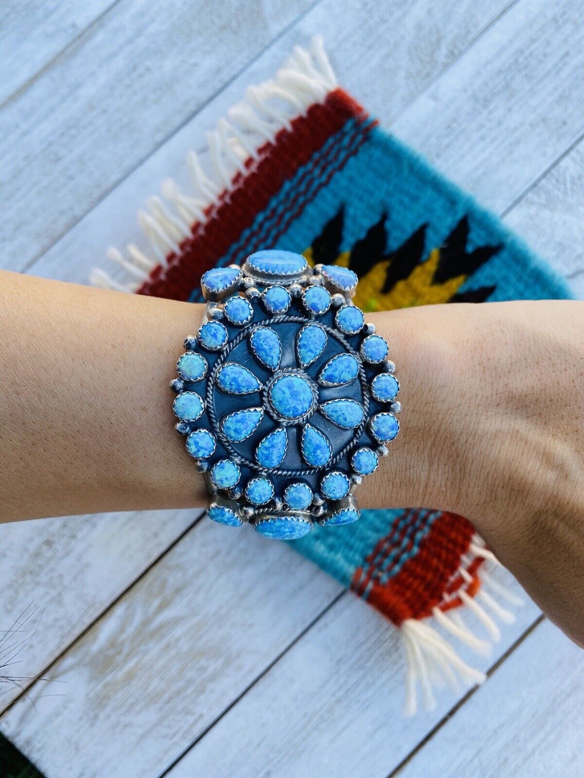 Navajo Blue Opal & Sterling Silver Cluster Bracelet Cuff