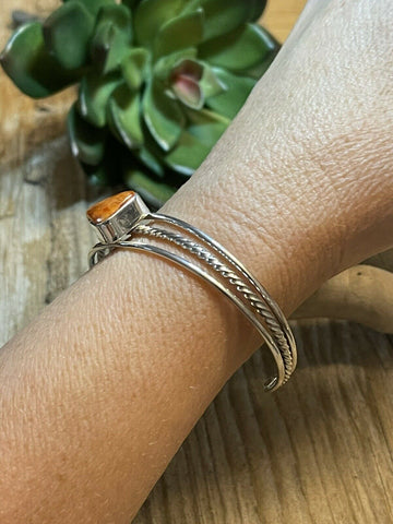 Navajo Triangle Orange Spiny Sterling Silver Bracelet Rope Style Cuff