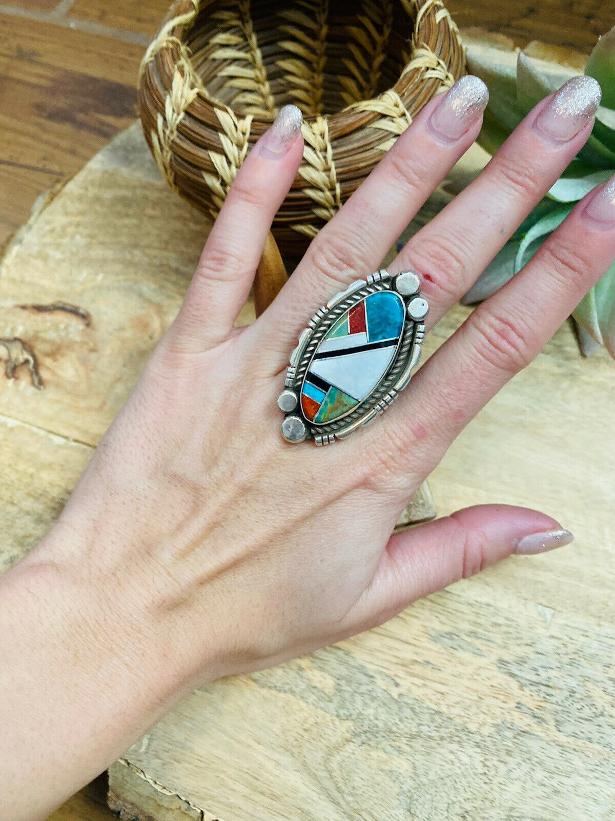 Navajo Sterling Silver And Multi Stone Inlay Ring Size 10