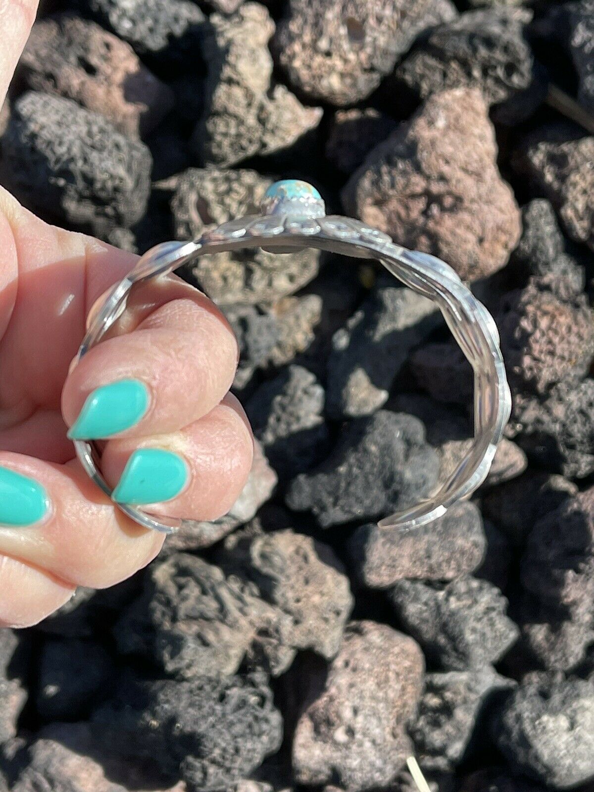 Sterling Silver Navajo Stamped Turquoise Thunderbird Cuff