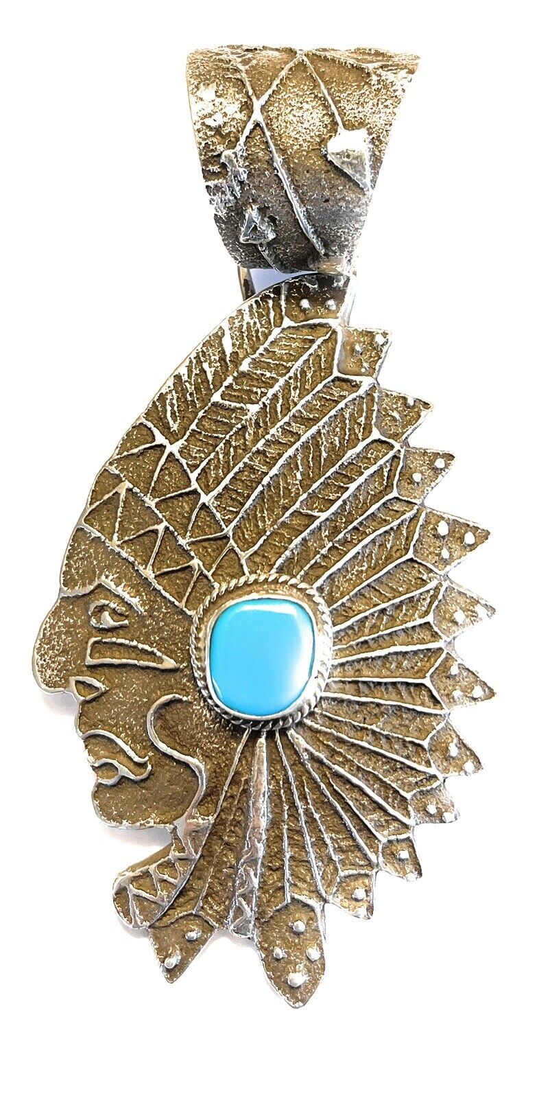 Navajo Sterling Silver & Kingman Turquoise Indian Chief Sand Cast Pendant Sign