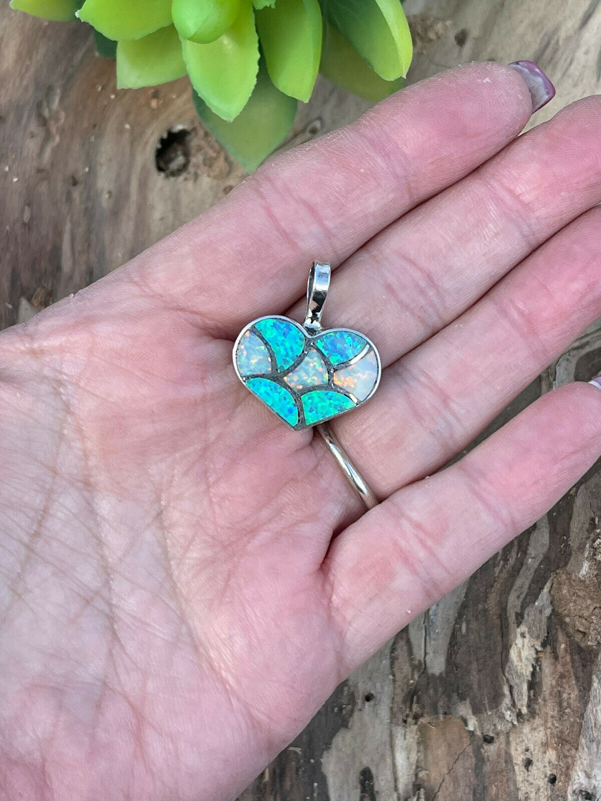 Zuni Iridescent Blue Opal & Sterling Silver Heart Pendant