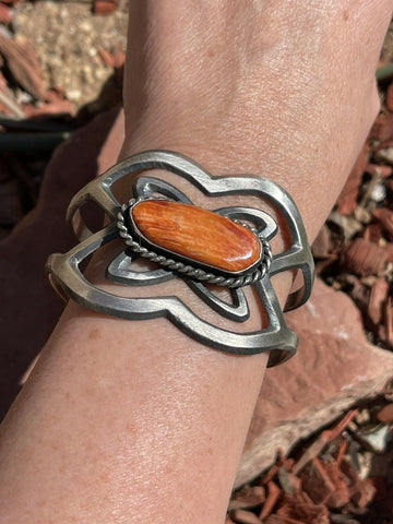 Navajo Orange Spiny & Sterling Silver Cuff Bracelet By Chimney Butte Signed