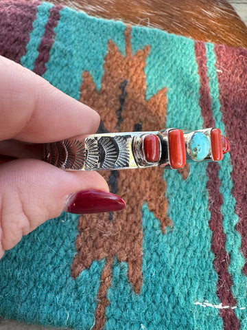 Handmade Sterling Silver, Coral & Sonoran Mountain Turquoise Cuff Bracelet Signed Nizhoni style 5