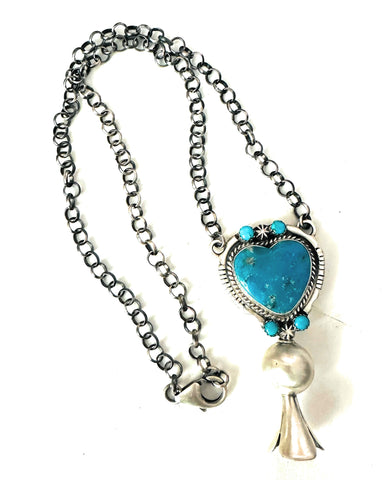 Navajo Sterling Silver & Turquoise Heart Blossom Necklace by Thomas Francisco