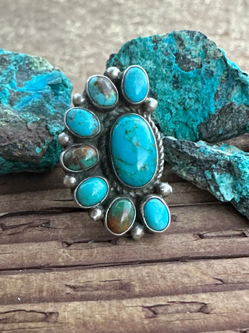 Navajo Kingman Turquoise & Sterling Silver Crescent Adjustable Ring