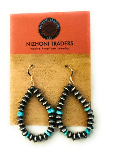 Navajo Turquoise & Sterling Silver Beaded Hoop Earrings