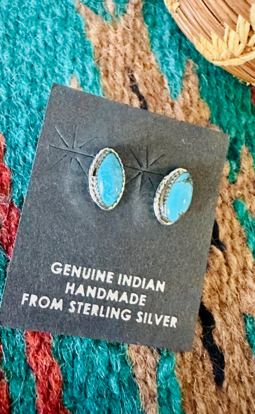 Navajo Turquoise and Sterling Silver Marquise  Stud Earrings