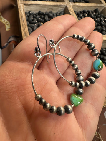 Handmade Sonoran Mountain Turquoise And Sterling Silver Beaded Hoop Earrings