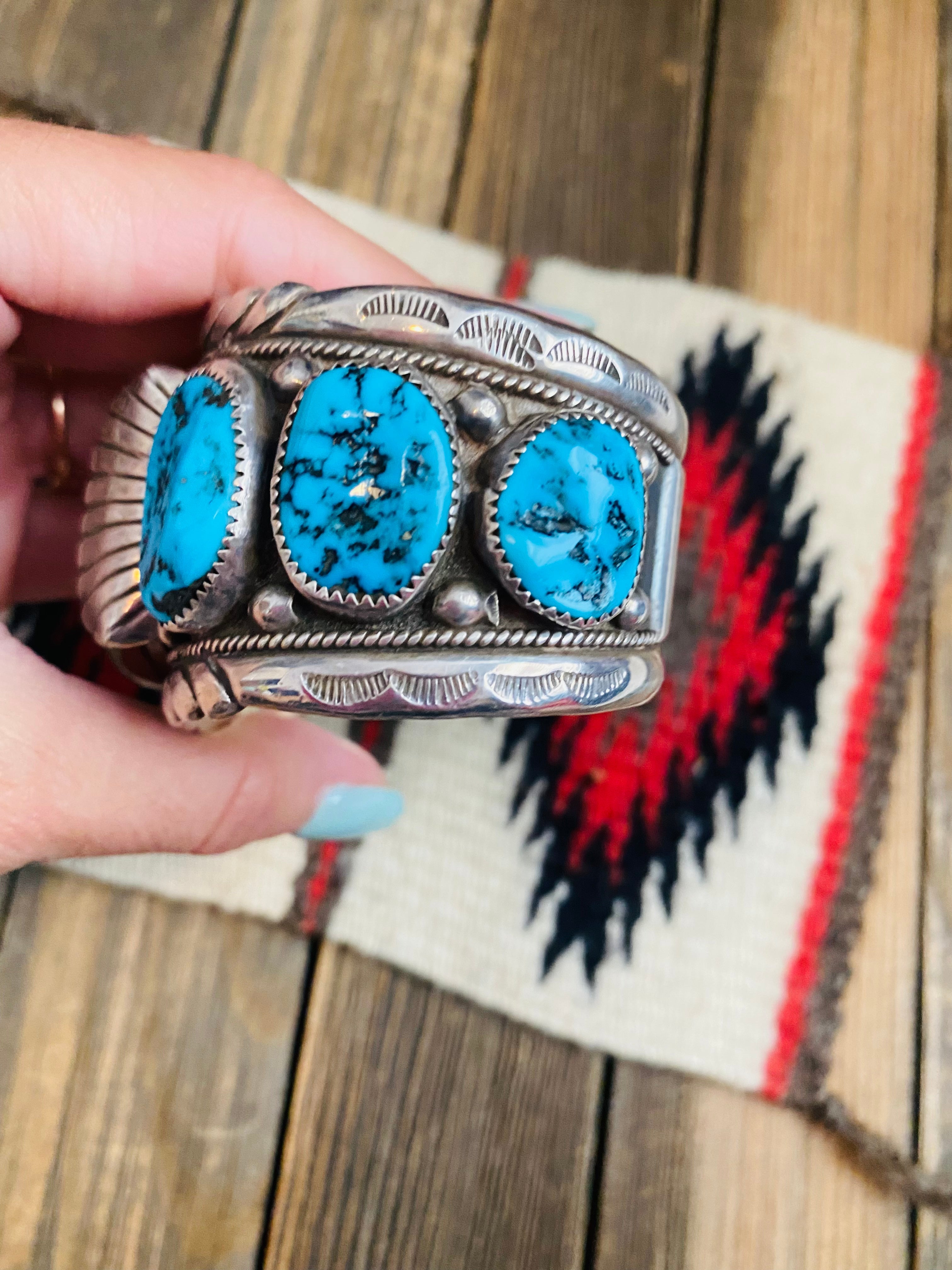 Old Pawn Vintage Navajo Turquoise & Sterling Silver Watch Cuff