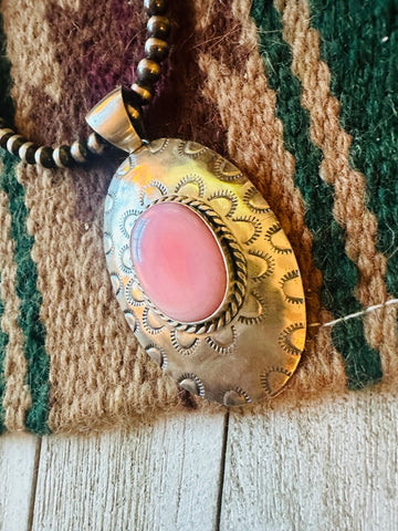 Navajo Queen Pink Conch Shell & Sterling Silver Concho Pendant