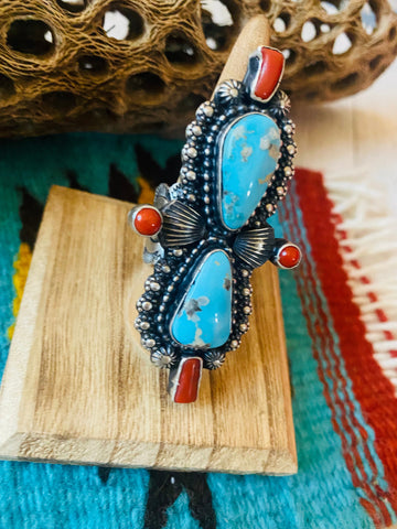 Navajo Sterling Kingman Turquoise & Red Coral Ring Size 8.5 By Shawn Cayatineto