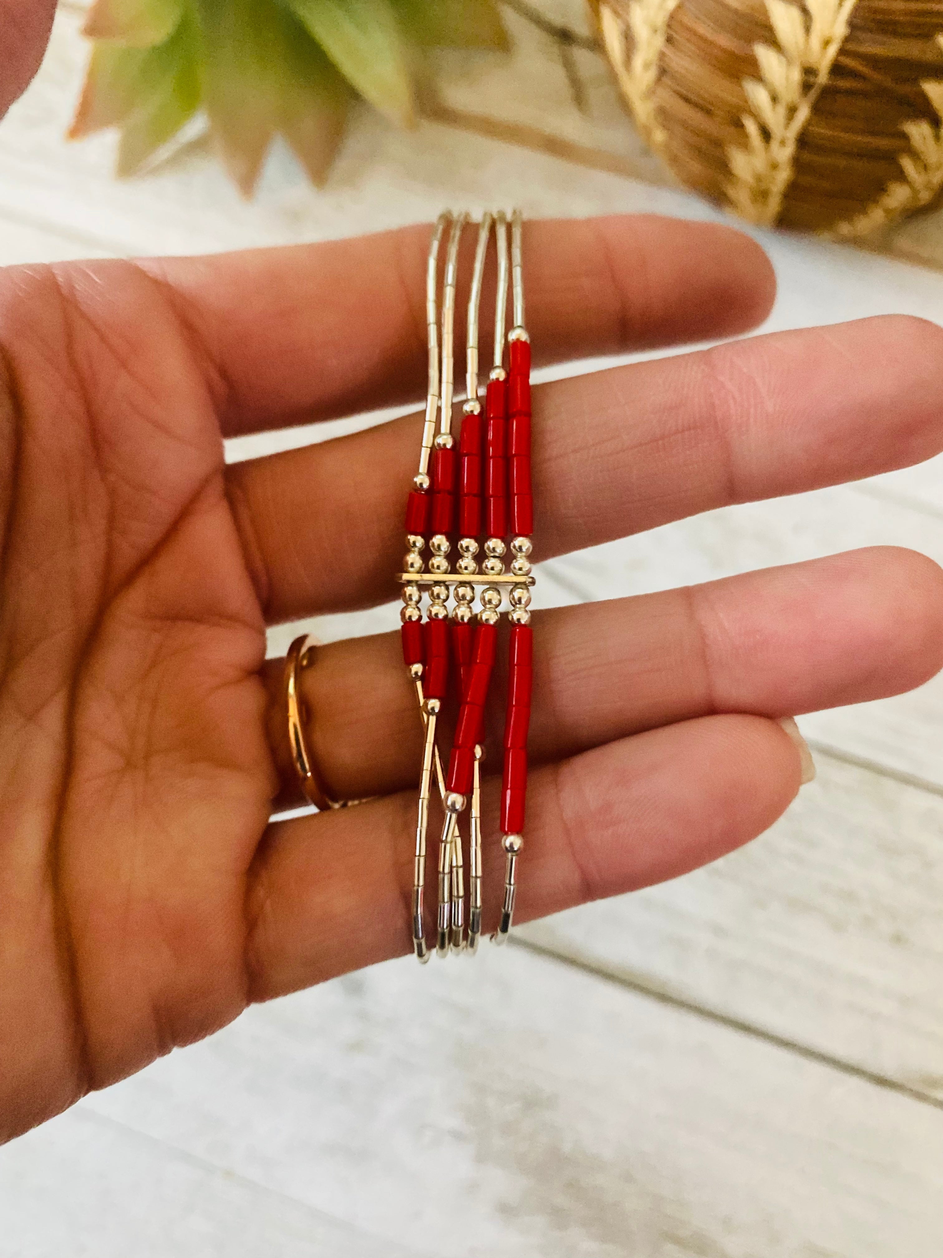 Navajo Coral & Sterling Liquid Silver Beaded Bracelet