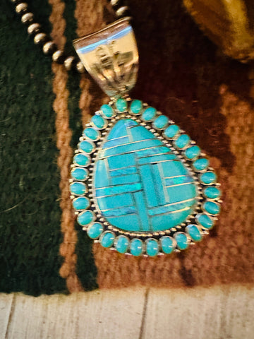 Old Pawn Vintage Navajo Turquoise, Opal & Sterling Silver Inlay Pendant