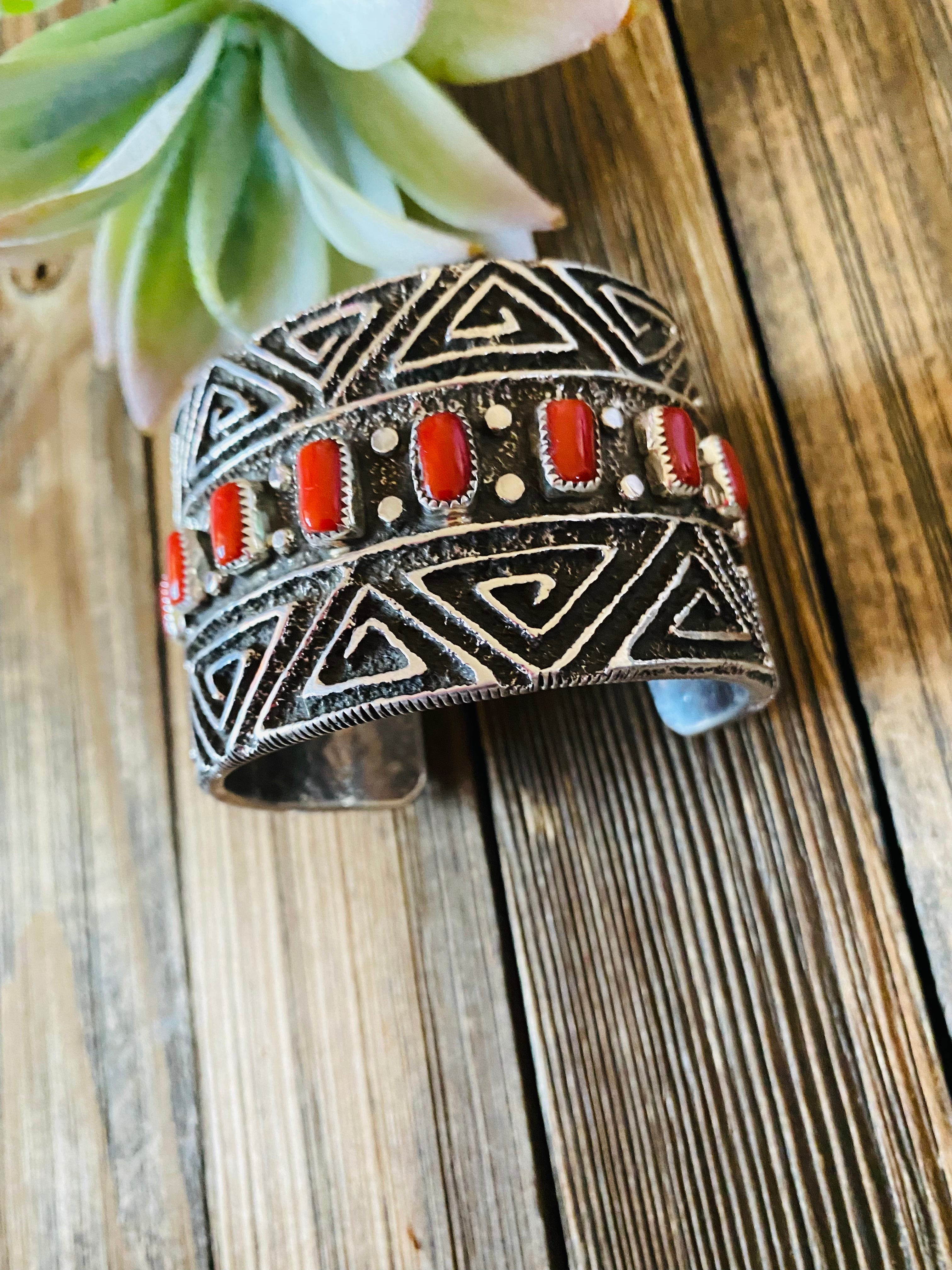 Navajo Coral & Sterling Silver Cuff Bracelet By Steve Arviso